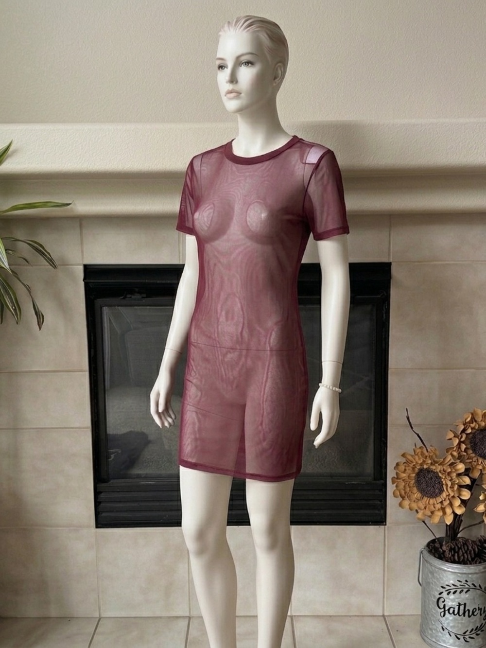 Forever 21 Sheer Short Sleeve Swim Coverup in Burgundy